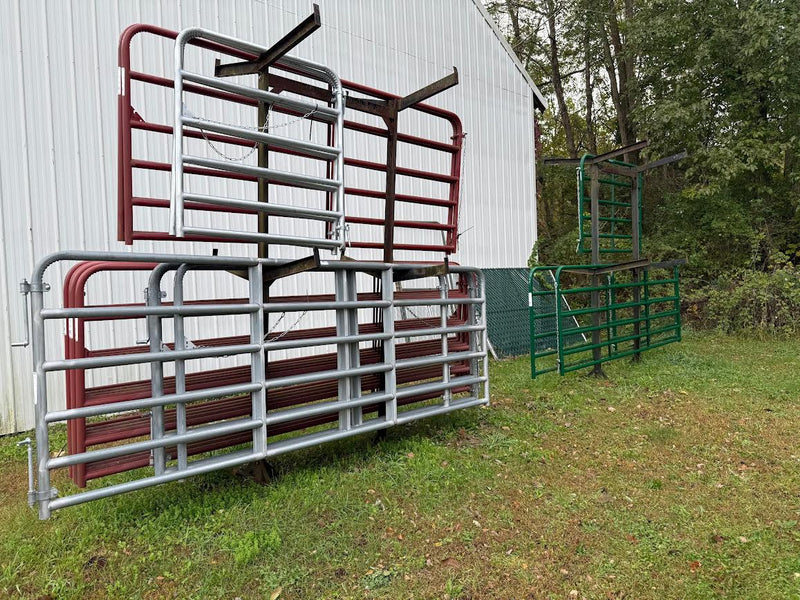 Metal livestock pens in a grassy area with trees in the background