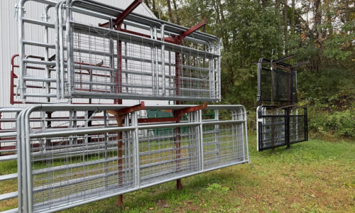 Metal livestock pens in a grassy area with trees in the background